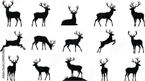Black deer silhouette set with 15 forest animal icons, wild stag and reindeer buck vector collection, hunting and nature design elements
