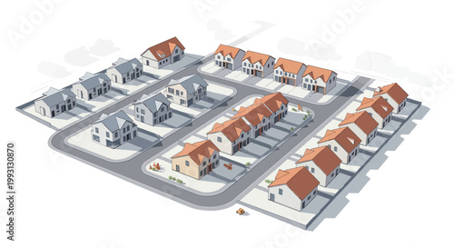 Isometric 3D Architectural Model of a Modern Suburban Housing Development and Residential Neighborhood Plan