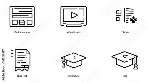 Learning Icon Set: A comprehensive collection of minimalistic vector icons, perfect for representing diverse elements of education, online courses, and digital learning.