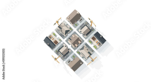 Isometric 3D Aerial View of Residential Real Estate Development and Neighborhood Construction Site with Modern Houses and Tower Cranes