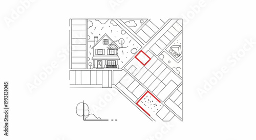 Minimalist Real Estate Site Plan and Neighborhood Map Illustration with Highlighted Land Plots for Sale