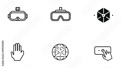 Virtual Reality Icon Set: A modern and sleek set of virtual reality icons, perfect for representing immersive technology and digital innovation.