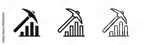 Pickaxe and bar chart icon set. Data mining concept. Business growth symbols.