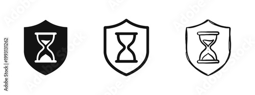 Hourglass on shield icon set. Time protection concept. Security clock symbols.