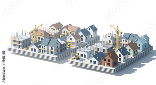 Isometric 3D Housing Development and Construction Site with Cranes and Excavators on White Background