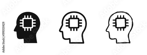 Human head with microchip icon set. Artificial intelligence concept. Digital brain symbols.