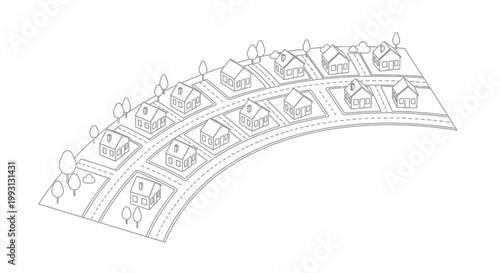 Isometric suburban neighborhood line art with houses, roads, and trees in minimalist vector style