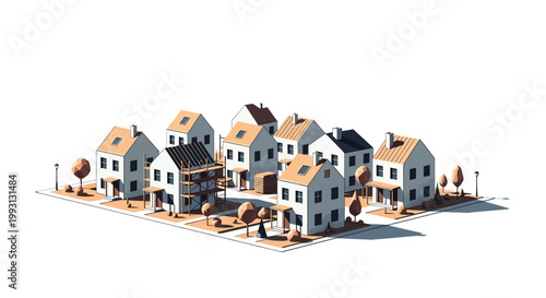 3D Low Poly Neighborhood with Houses and Construction Site - Real Estate Development Concept