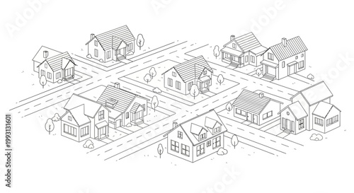 Isometric Suburban Neighborhood Line Art Vector with Residential Houses and Streets for Coloring Page or Real Estate Planning