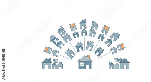 Housing Network and Real Estate Development Concept Illustration with Multiple House Icons Arranged in a Semi-Circle Pattern