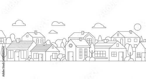 Neighborhood Street Line Art Outline Illustration with Houses, Trees, and Clouds - Minimalist Suburban Community Concept for Coloring Page or Web Design
