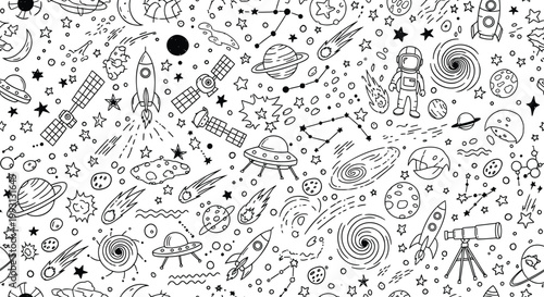 Space, astronomy, doodle illustrations, black and white, vector icons, 100+ elements