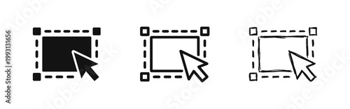 Selection tool icon set. Mouse cursor with rectangular area. Digital editing symbols.
