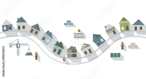 Residential Real Estate Development Vector Illustration with Houses under Construction, Workers, and Crane on a Winding Road Path for Urban Planning Concept