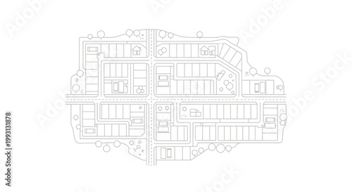 Minimalist Suburban Neighborhood Map Line Art Illustration of Residential Area Layout, Urban Planning, and Real Estate Development Design