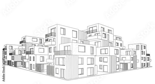 Architectural Line Drawing of a Modern Modular Apartment Complex with Balconies