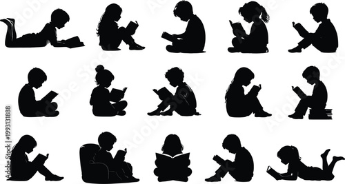 Black silhouettes of students in various learning poses.
Children Reading Silhouettes Set Black Vector Illustration Kids Books Education Learning, black and white silhouette, vector and illustration
