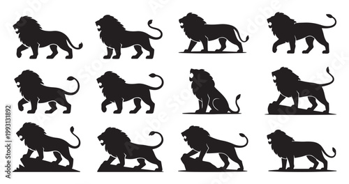 Lion silhouette vector set, 9 black lion icons in various poses, majestic male lion standing and walking silhouettes, wild animal graphic elements