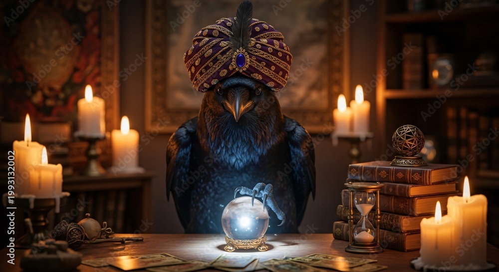 Obraz premium Mystical Raven Fortune Teller in Ornate Purple Turban Gazing into a Glowing Crystal Ball Amidst Candles and Ancient Books in a Dimly Lit Esoteric Study