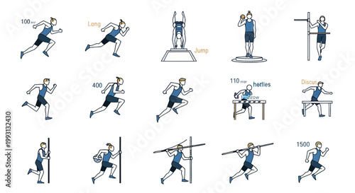 Athletic sports illustrations showing running, jumping, and throwing events.