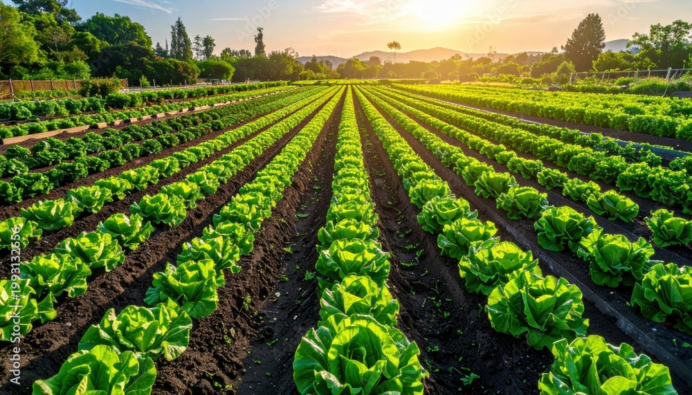 Obraz premium Vast Green Vegetable Farm with Perfect Rows Under Golden Sunlight
