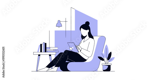 Woman relaxing at home using a tablet and reading books.