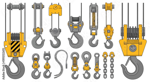 Set of crane hooks and lifting gear elements