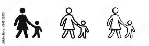 Parent and Child Walking Icon Set - Family Protection Symbols in Solid Outline and Hand Drawn Styles