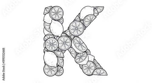 Letter K made of lemons and lemon slices, black and white outline.