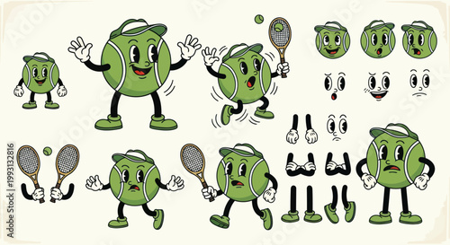 Retro cartoon tennis ball character with various poses and expressions