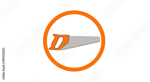 Hand saw icon in an orange circle isolated on white background.