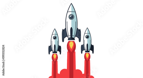 Three rockets launching into space with fiery trails.