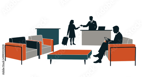 People at a hotel reception desk with luggage.