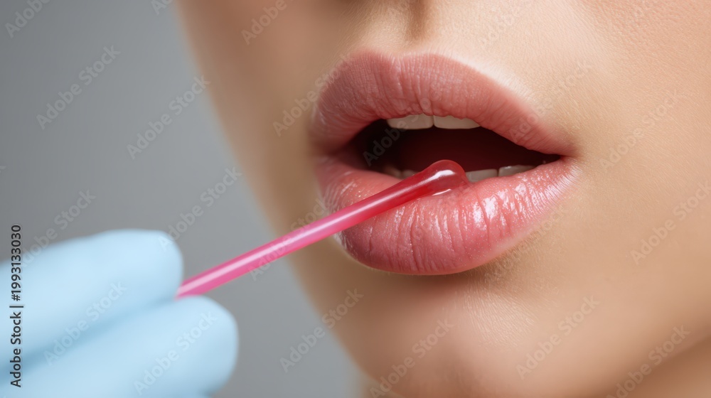 Naklejka premium Close Up Gloved Hand Holding Pink Swab Inside Mouth for Medical Genetic Testing Sample Collection Hygiene Precision