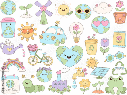 Cute illustrations of Earth Day elements, including plants, recycling, and nature symbols