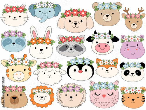 Cute animal faces with flower crowns, including variety of species like elephants, bears