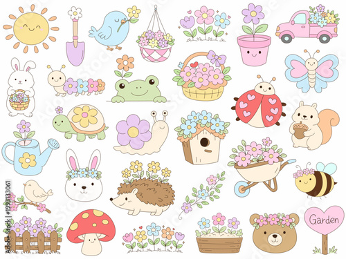 Cute garden themed illustrations featuring animals, flowers, and gardening tools create cheerful