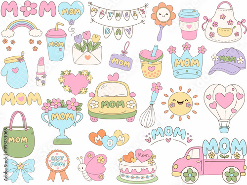 Cute illustrations of Mother Day elements including flowers, gifts, and hearts create joyful