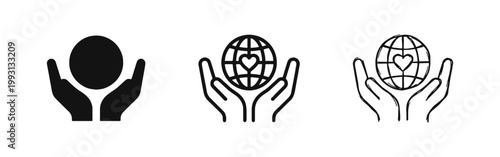 Global Love and Care Icon Set - Earth Protection Symbols in Solid Outline and Hand Drawn Styles