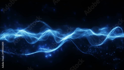 Blue luminous abstract waveforms across a dark background, flowing particle stream, futuristic energy ribbon