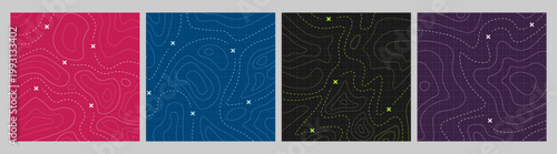 Vector illustration. Retro topographic map banners. Retro style line patterns, navigation pin markers, and dashed trail routes on a vintage colored background. Design for ad, web banner, wallpaper