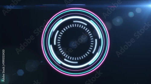 Futuristic neon circular hud with concentric rings and rotating segments on dark background with lens flare