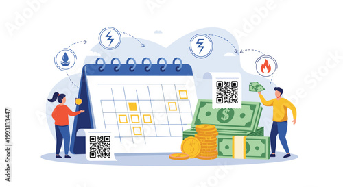 Utility bill payment and financial planning concept with calendar, money, QR codes, and energy icons for household budget management.