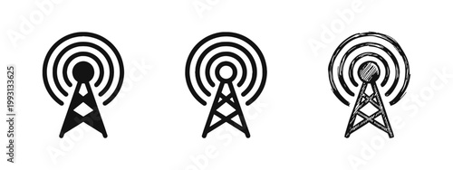 Antenna and Signal Tower Icon Set - Broadcast, Wireless Communication and Radio Transmission Symbols