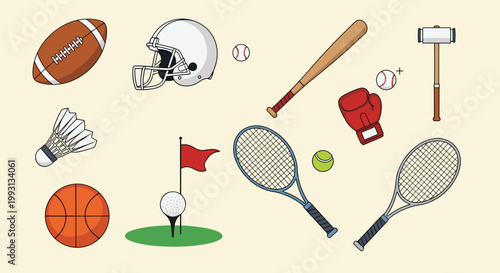 Comprehensive sports equipment icon set featuring gear and balls for football, baseball, tennis, basketball, and other active recreational sports.