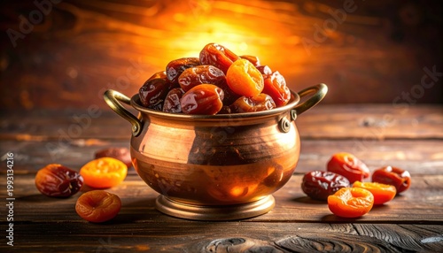 A Gleaming Copper Pot Overflowing with Dried Dates and Apricots on a Rustic Wooden Surface, Illuminated by Warm Golden Light