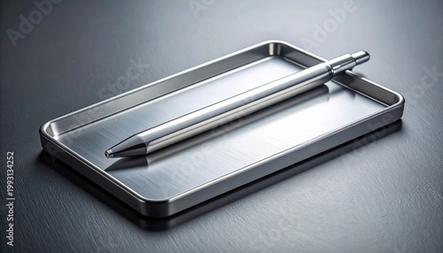 A gleaming silver metallic letter opener resting on a sleek metal tray, exuding sophistication and modern design for office use.
