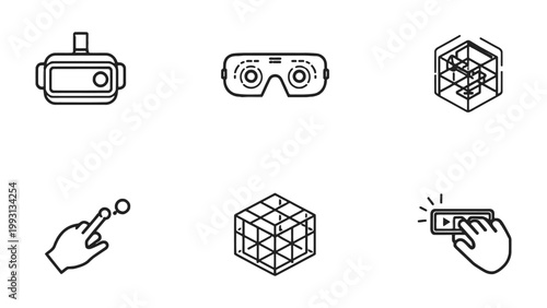 VR Icons: A collection of sleek, minimalist icons, symbolizing the innovative realm of virtual reality and interactive digital interfaces.