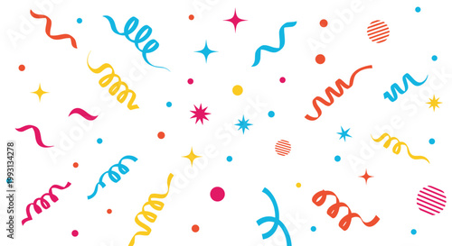Vibrant party pattern background featuring colorful confetti, streamers, stars, and dots on a plain white surface.