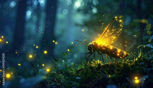 A glowing firefly illuminates the enchanted forest floor with magical bioluminescent light, creating a captivating nighttime spectacle.